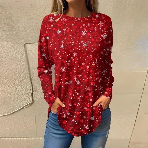 Women's Print Round Neck Christmas Loose T-Shirt Pullover Long Sleeve Top - Image 28