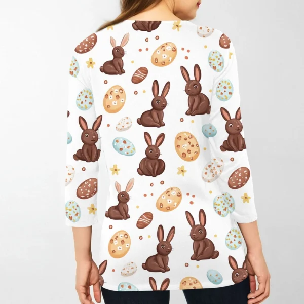 Women's Casual Round Neck Easter Egg Print Three-quarter Sleeve T-shirt Top - Image 9