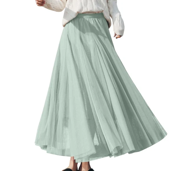 Women's Solid Color Mesh Skirt With Elastic Band Large Swing Mid Length Skirt - Image 32