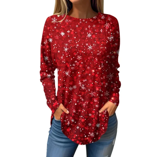 Women's Print Round Neck Christmas Loose T-Shirt Pullover Long Sleeve Top - Image 29