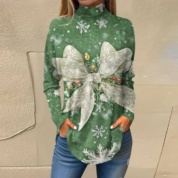 Women's Printed Christmas High Neck Pullover Long Sleeve Casual Fashion T-Shirt - Image 22