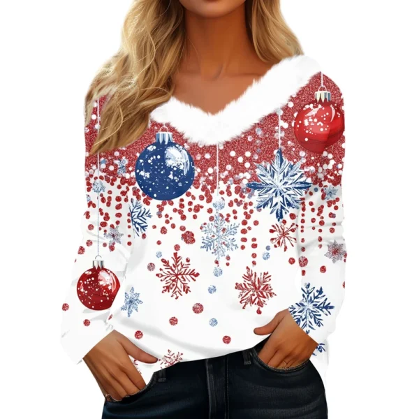 Women's V Neck Party Fleece Collar Top Shirt Christmas Long Sleeve T Shirt - Image 3
