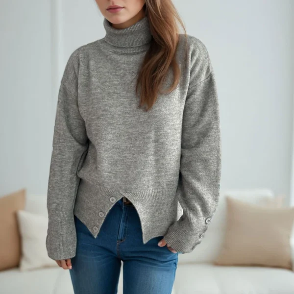 Women's Turtleneck Solid Color Slit Button Sweater Slim Fit Warm Pullover - Image 10