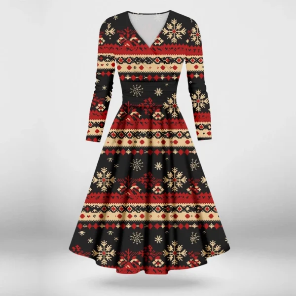 Women's Printed V-Neck Christmas Casual Fashion Long Sleeve Slim Dresses - Image 43
