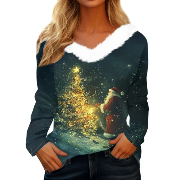 Women's Shirt V Neck Christmas Top Long Sleeve Party Fleece Collar T Shirt - Image 9