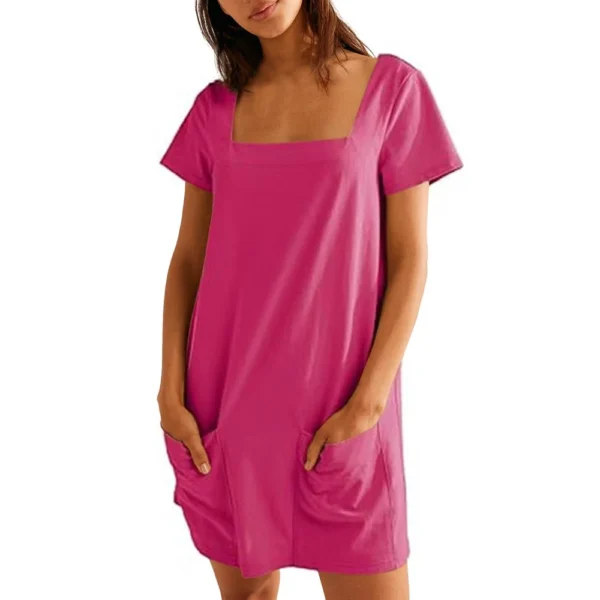 Women's Solid Color Square Collar Short Sleeve Fashion Skirt Pocket Casual Dress - Image 28