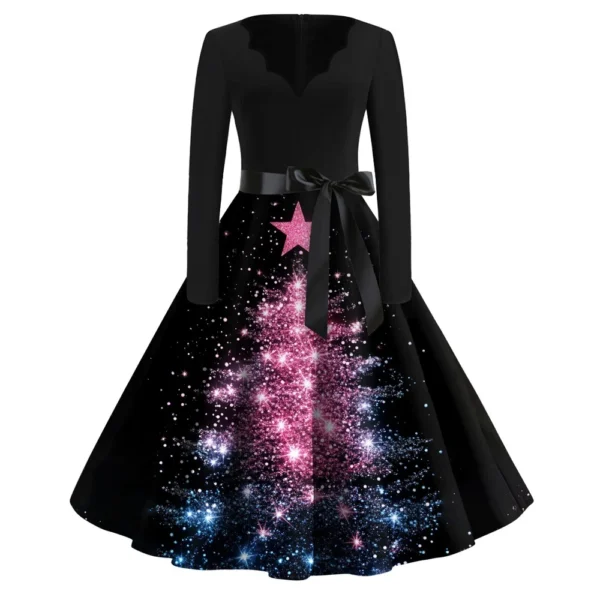 Women's Casual V-Neck Fashion Printed Christmas Long Sleeve Slim Dresses - Image 49
