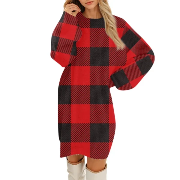 Women's Round Neck Casual Long Sleeve Plush Gradient Plaid Dresses - Image 2