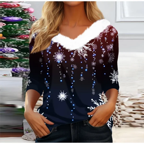Women's V Neck Christmas Party Top Fleece Collar Shirt Long Sleeve T Shirt - Image 13