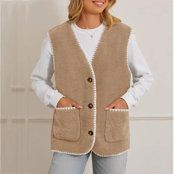 Women's Fuzzy Fleece Vest Sleeveless Colorblock Jacket Button Down Outerwear - Image 31