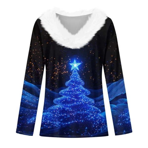 Women's V Neck Party Long Sleeve Top Christmas Shirt Fleece Collar T Shirt - Image 11