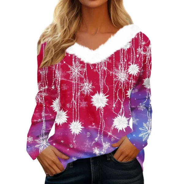 Women's Long Sleeve Christmas Printed Party Plush Neck Wide Casual V-Neck Top - Image 9