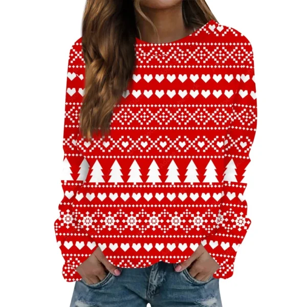 Women's Long Sleeve Print O-Neck Christmas Blouse Fashion Casual Pullover Top - Image 26