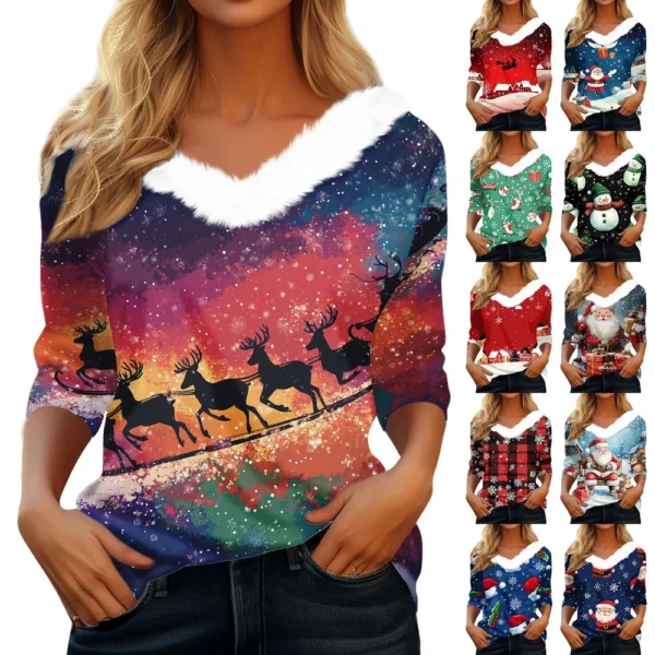 Women's Party Fleece Collar Shirt T Shirt Christmas Long Sleeve V Neck Top