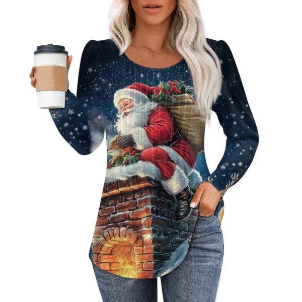 Women's Printed Christmas Top Round Neck Casual Pleated Long Sleeved T-Shirt - Image 20