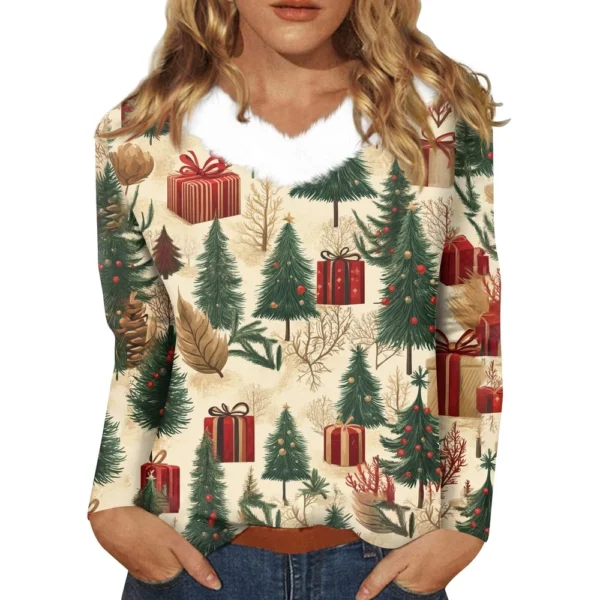 Women's Loose Casual Long Sleeved Christmas Printed Plush Collar V Neck Top, - Image 5