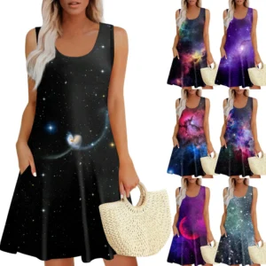 Womens Summer Dresses Easter Print  Loose U Neck Sleeveless Sundresses Dress