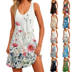 Women's Floral Print Dress, Vest, Skirt With Pockets, Beach Skirt, V-Neck Vest