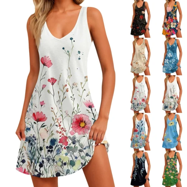 Women's Floral Print Dress, Vest, Skirt With Pockets, Beach Skirt, V-Neck Vest