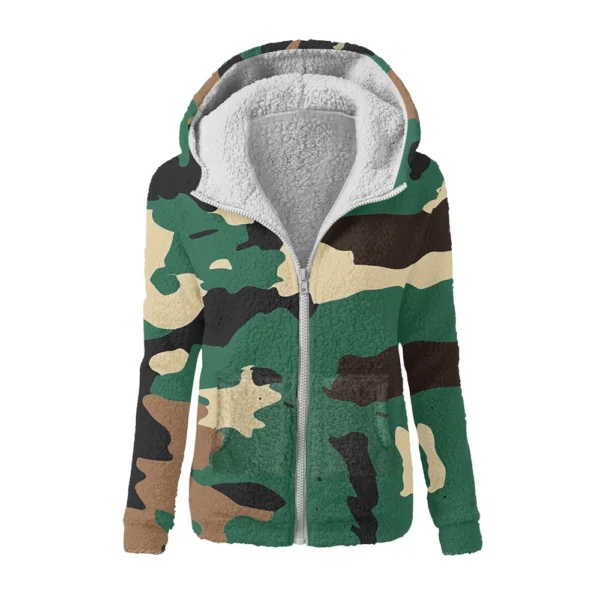 Women's Winter Camouflage Print Casual Fashion Plush Hooded Zipper Sweater - Image 11