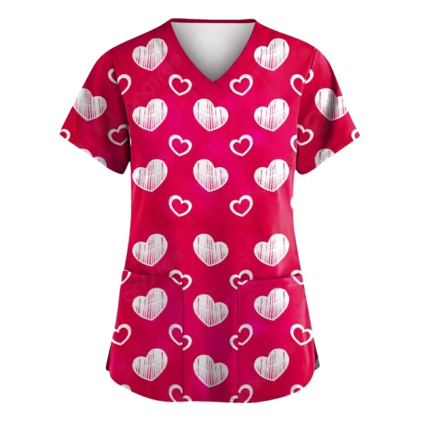 Women's Valentine's Day Printed  Uniform Work Uniform V-Neck Pocket Protective - Image 10