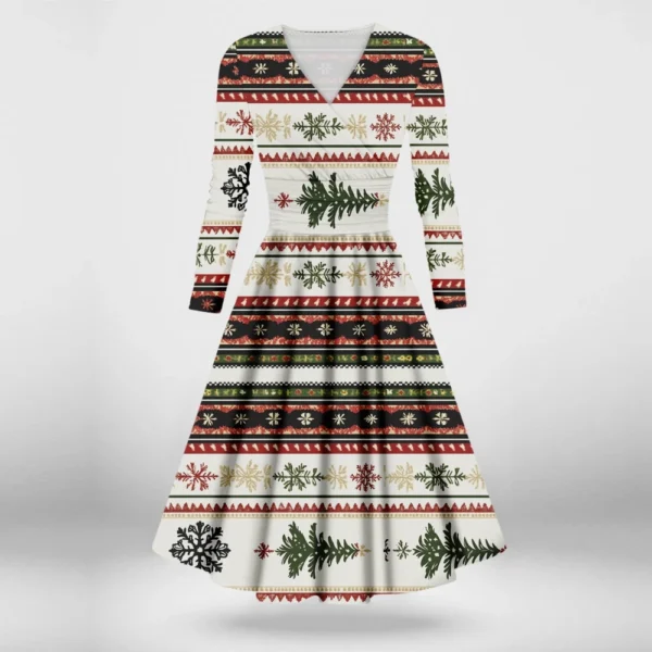 Women's Printed V-Neck Christmas Casual Fashion Long Sleeve Slim Dresses - Image 16