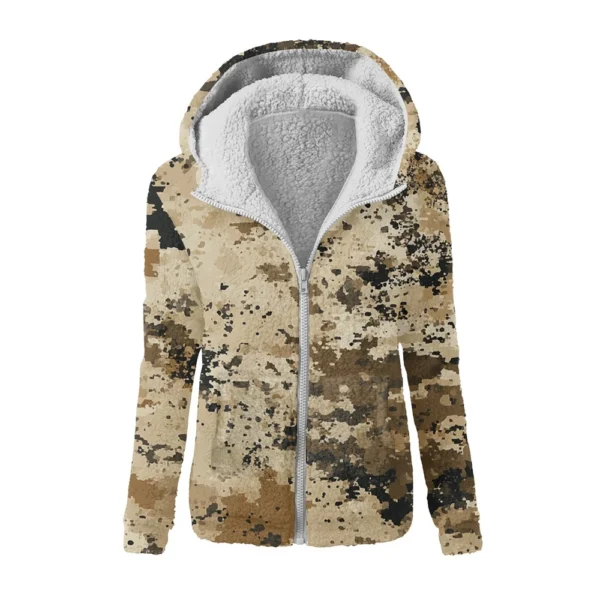 Women's Winter Camouflage Print Casual Fashion Plush Hooded Zipper Sweater - Image 5