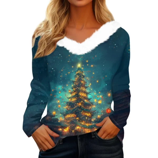 Women's Shirt V Neck Christmas Top Long Sleeve Party Fleece Collar T Shirt - Image 35