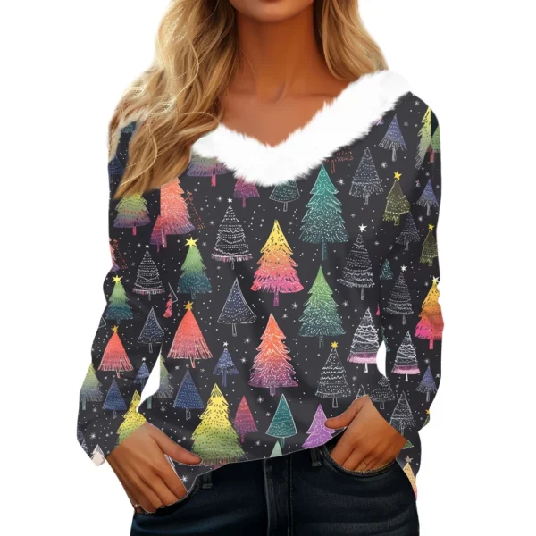 Women's Long Sleeve Christmas Printed Party Plush Neck Wide Casual V-Neck Top - Image 26