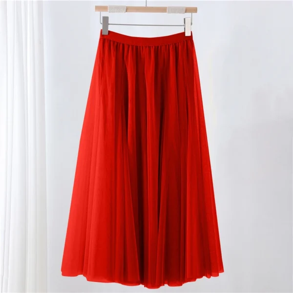 Women's Solid Color Mesh Skirt With Elastic Band Large Swing Mid Length Skirt - Image 40