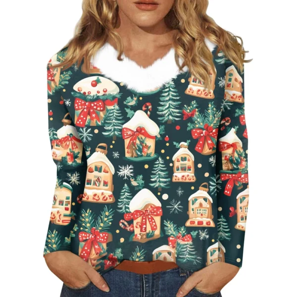 Women's Party Long Sleeve Shirt T Shirt V Neck Christmas Fleece Collar Top - Image 20