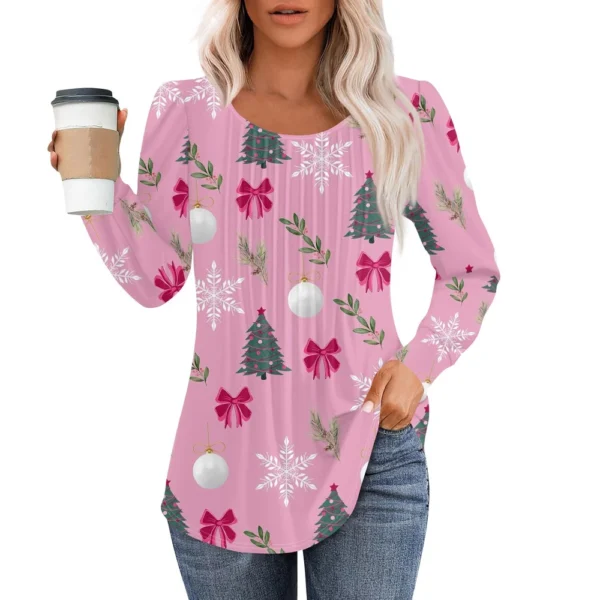 Women's Pleated Casual T-Shirt Round Neck Christmas Printed Long Sleeved Top - Image 10