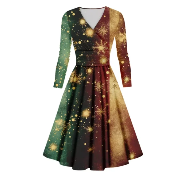 Women's Printed V-Neck Christmas Casual Fashion Long Sleeve Slim Dresses - Image 8