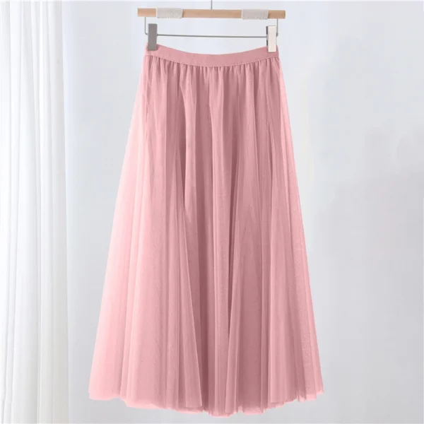 Women's Solid Color Mesh Skirt With Elastic Band Large Swing Mid Length Skirt - Image 34