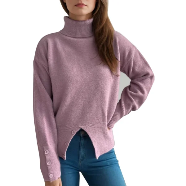 Women's Turtleneck Solid Color Slit Button Sweater Slim Fit Warm Pullover - Image 25