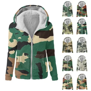 Women's Winter Camouflage Print Casual Fashion Plush Hooded Zipper Sweater