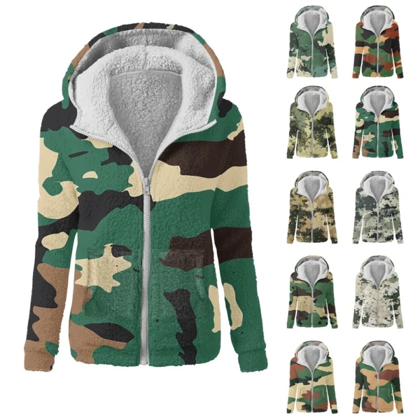 Women's Winter Camouflage Print Casual Fashion Plush Hooded Zipper Sweater