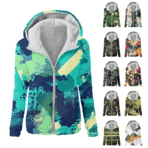 Women's Winter Camouflage Print Casual Fashion Plush Hooded Zipper Sweater