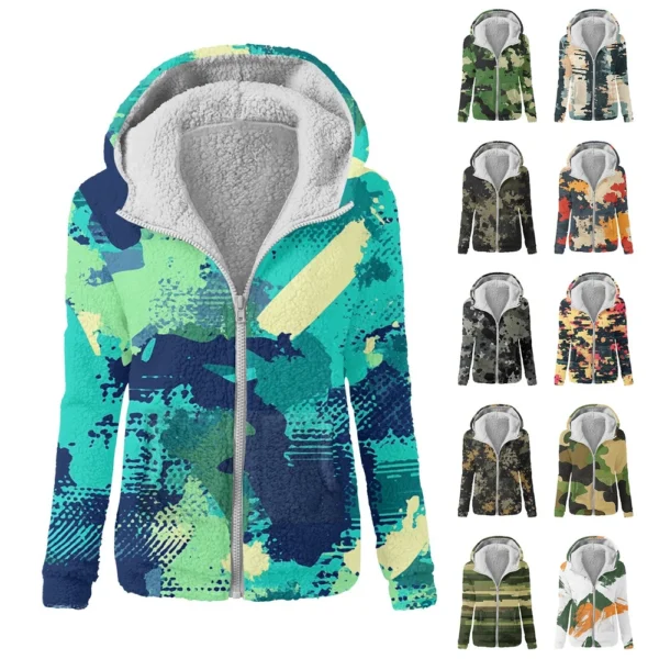 Women's Winter Camouflage Print Casual Fashion Plush Hooded Zipper Sweater