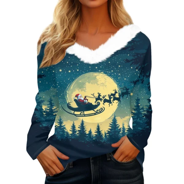 Women's V Neck Party Long Sleeve Top Christmas Shirt Fleece Collar T Shirt - Image 7