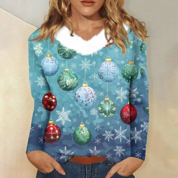 Women's Loose Casual Long Sleeved Christmas Printed Plush Collar V Neck Top, - Image 28
