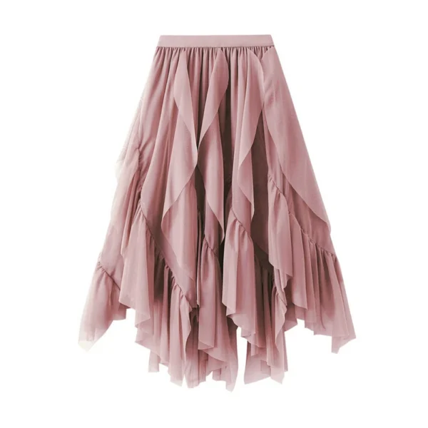 Women's Fashion Casual Solid Color High Waist Ruffle Splicing Mesh Half-body - Image 10