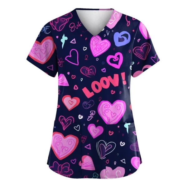 Women's Valentine's Day Printed  Uniform Work Uniform V-Neck Pocket Protective - Image 25