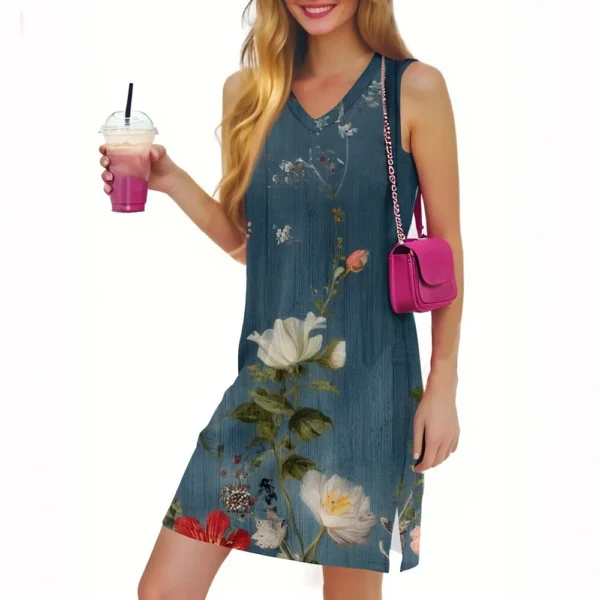 Women's Casual Fashion Sexy V-neck Sleeveless Floral Hem Slit Dress - Image 31