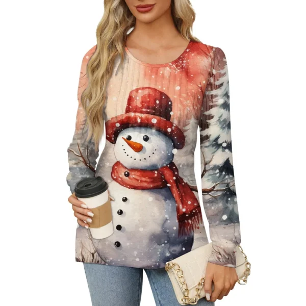 Women's Printed Christmas Top Round Neck Casual Pleated Long Sleeved T-Shirt - Image 31
