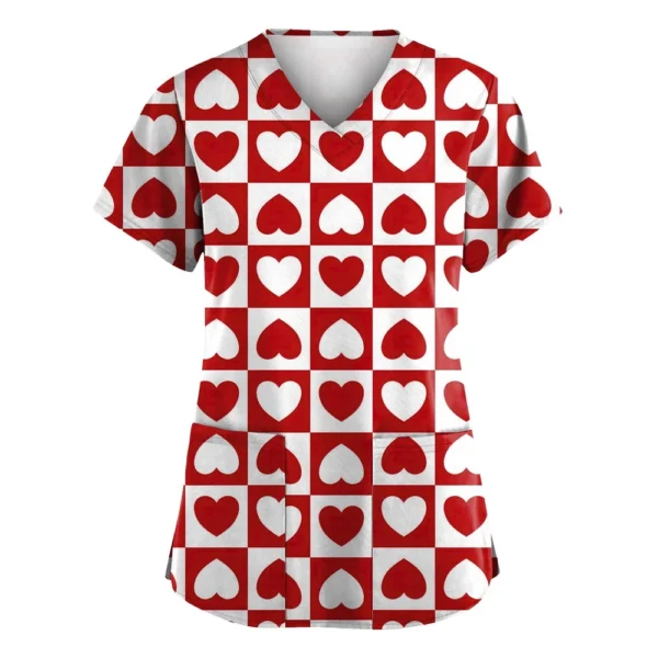 Women's Valentine's Day Printed  Uniform Work Uniform V-Neck Pocket Protective - Image 16