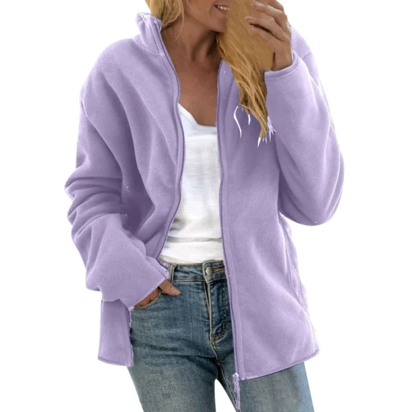 Women's Loose Casual Solid Color Lambswool Stand Up Collar Cardigan Jacket Long - Image 6