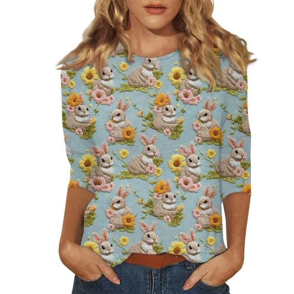 Women's Tops Easter Fashion Basic 3/4 Sleeve Printed Plus Size Casual Pullover - Image 23
