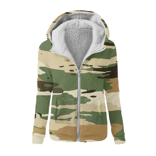 Women's Winter Camouflage Print Casual Fashion Plush Hooded Zipper Sweater - Image 4