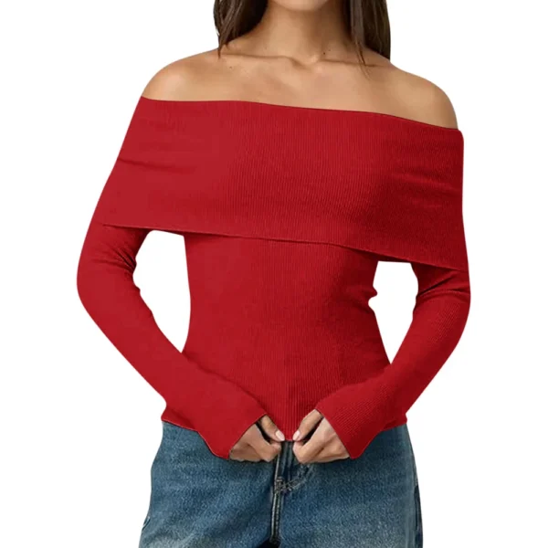 Womens Off The Shoulder Sweaters Long Sleeve Slouchy Knitted - Image 21